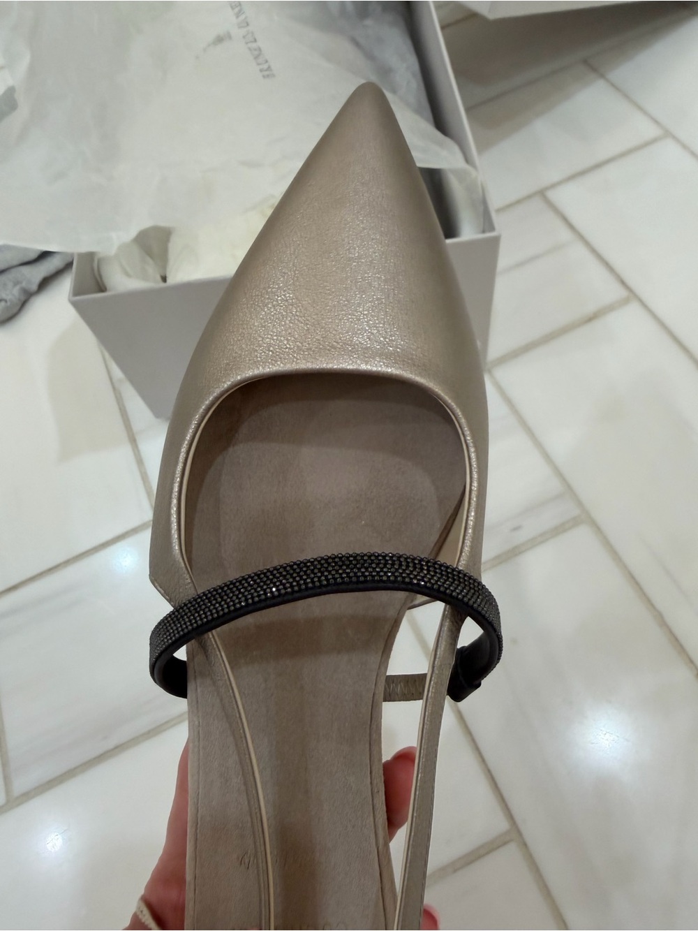New Brunello Cucinelli Metallic Taupe Pointed Slingback Flats with Black Strap - Picture 4 of 8